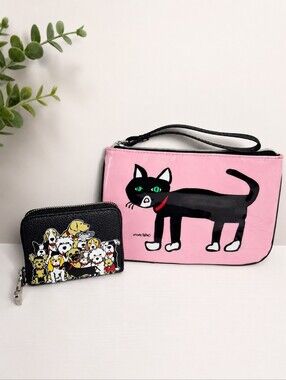Marc Tetro Pink Cat Wristlet Pouch & Dog Zip Wallet Set EUC